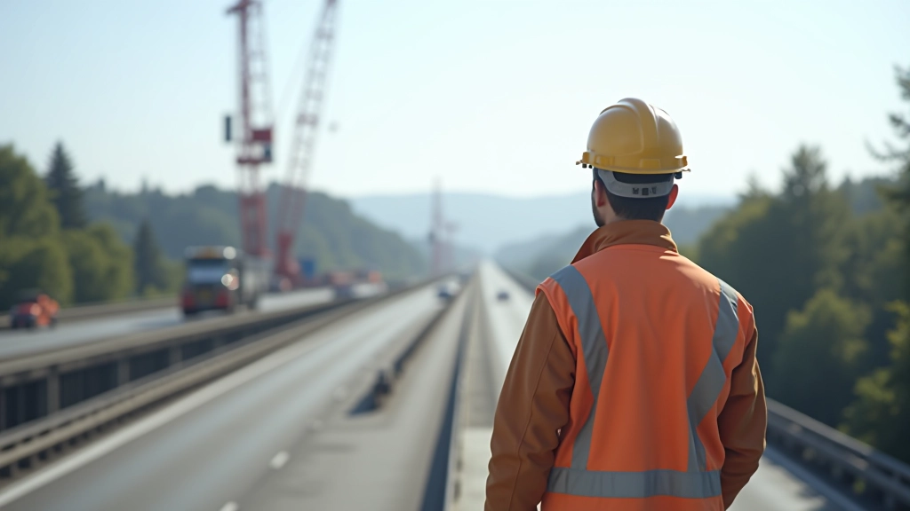 Staveniště s jeřábem a pracovníky, rozpracovaný infrastrukturní projekt s stavebními mechanismy